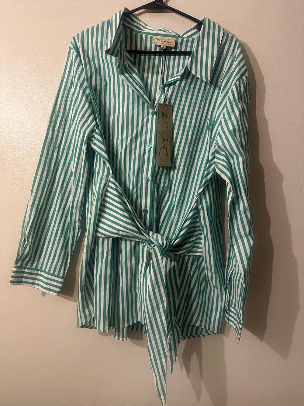 NWT DG2 by Diane Gilman green and white Striped Button Front Belted Tunic Sz 1X
